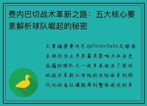 费内巴切战术革新之路：五大核心要素解析球队崛起的秘密