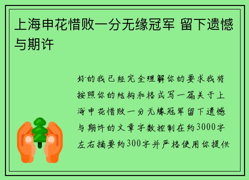 上海申花惜败一分无缘冠军 留下遗憾与期许