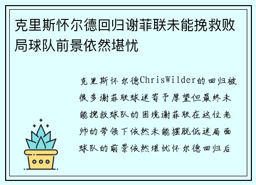 克里斯怀尔德回归谢菲联未能挽救败局球队前景依然堪忧